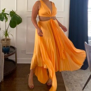 Light Orange Pleated Open Sided Deep V Long Dress